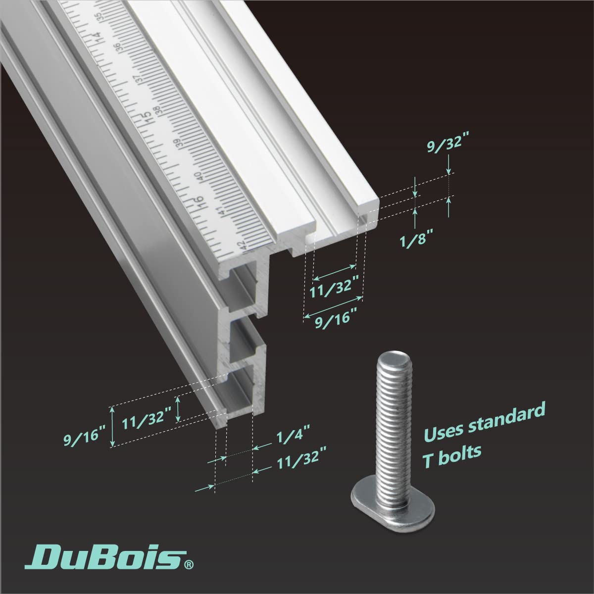 DuBois 51007 Table Saw Miter Gauge Fence System w/ 13 Precise Angle Stops & Standard 3/4”x 3/8”T-Slotted Miter Bar w/T-Slot Plate, Includes T-track Miter Fence, T-track Flip Stop, SEA/Metric Scale DuBois