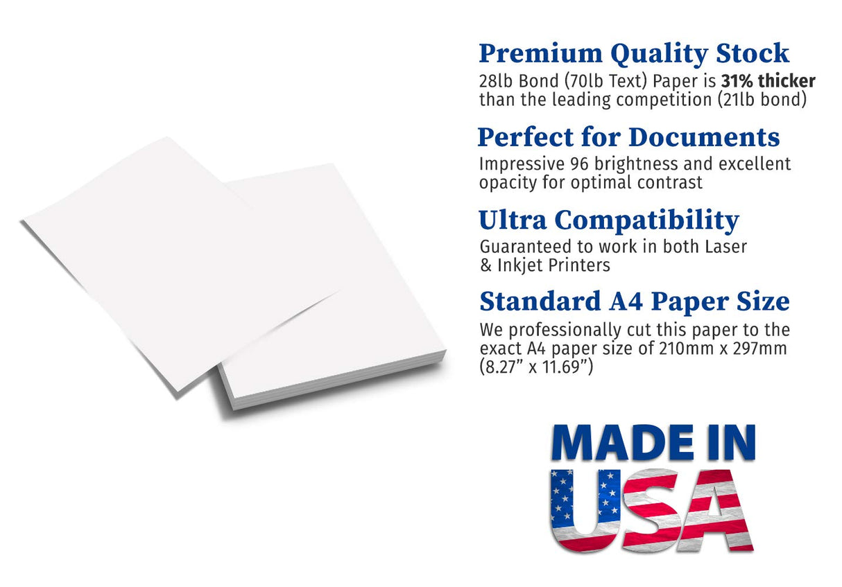 Premium A4 (8.3"x 11.7") Printer Paper - 28lb Bond / 70lb Text (105 gsm) Bright White Paper (40 Sheets) Desktop Publishing Supplies