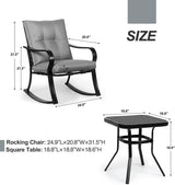 Oakmont Outdoor Furniture 3 Piece Conversation Bistro Set Rocking Chairs and Glass Top Table, Thick Cushions, Black Steel (Grey) Oakcloud