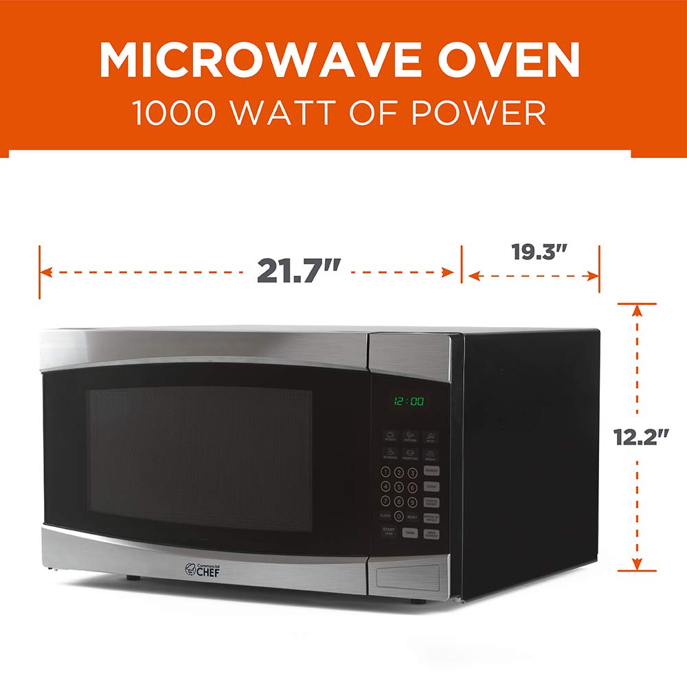 COMMERCIAL CHEF 1.6 Cubic Foot Microwave with 10 Power Levels, Small Microwave with Push Button, 1000 Watt Microwave with Digital Control Panels, Countertop Microwave with Timer, Stainless Steel Commercial CHEF