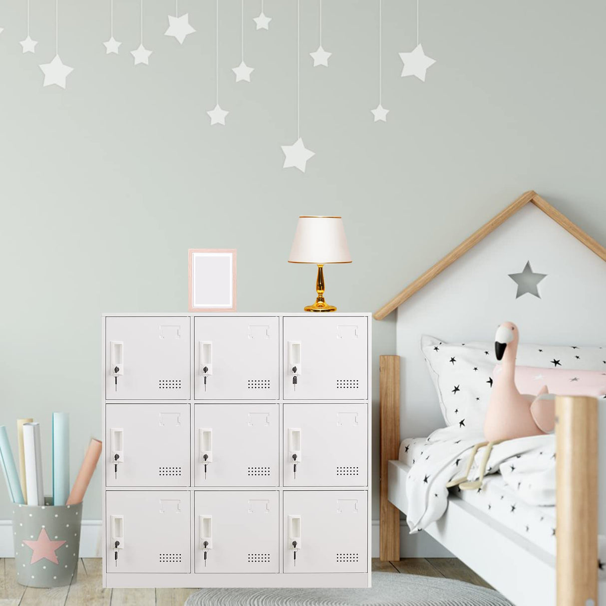 iCHENGGD Metal Locker 9 Door Storage Cabinet, Steel Storage Lockers for Employees, with Lock and Ventilation, Office School Gym Storage Organizer (White) iCHENGGD