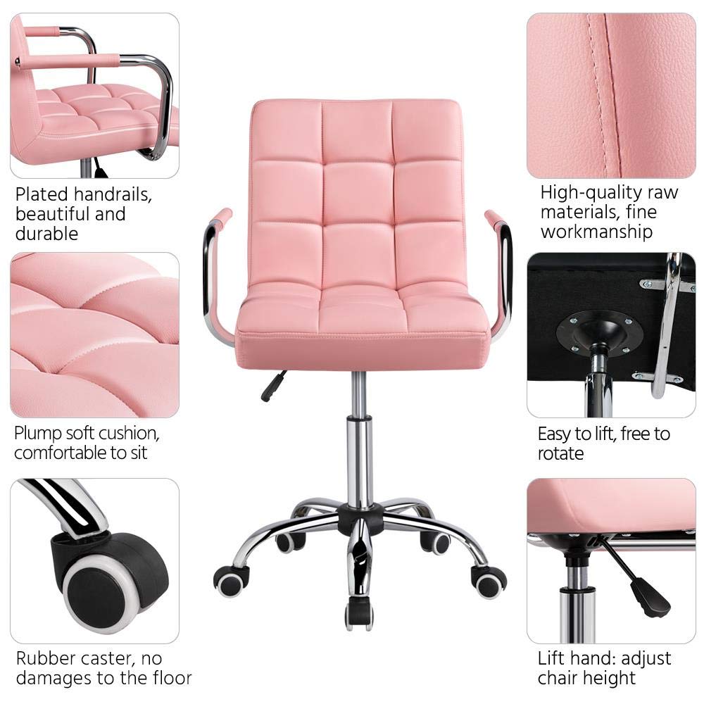 Yaheetech Desk Chairs with Wheels/Armrests Modern PU Leather Office Chair Height Adjustable Home Computer Executive Chair on Wheels 360° Swivel - Pink Yaheetech