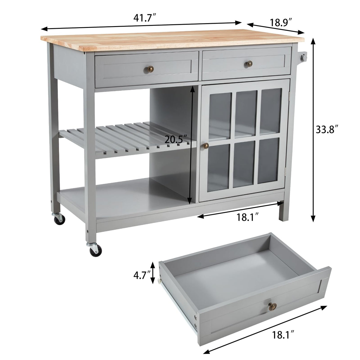 AVAWING Rolling Kitchen Island Cart with Storage, 42" Width Kitchen Cart w/ 2 Wheels, Coffee Cart with Drawers & Openshelves & Glass Cabinet & Towel Rack, Portable Islands, Grey AVAWING