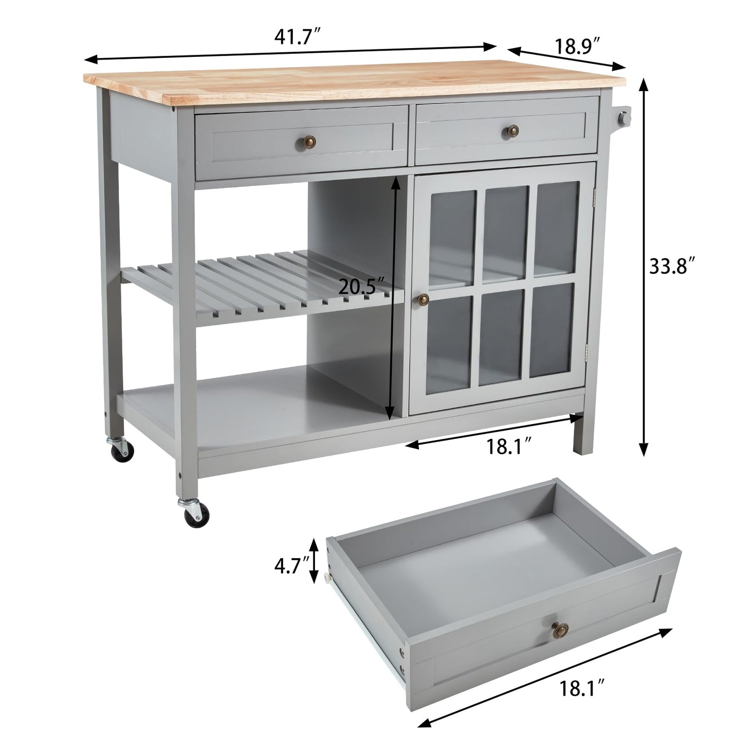 AVAWING Rolling Kitchen Island Cart with Storage, 42" Width Kitchen Cart w/ 2 Wheels, Coffee Cart with Drawers & Openshelves & Glass Cabinet & Towel Rack, Portable Islands, Grey