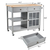 AVAWING Rolling Kitchen Island Cart with Storage, 42" Width Kitchen Cart w/ 2 Wheels, Coffee Cart with Drawers & Openshelves & Glass Cabinet & Towel Rack, Portable Islands, Grey AVAWING