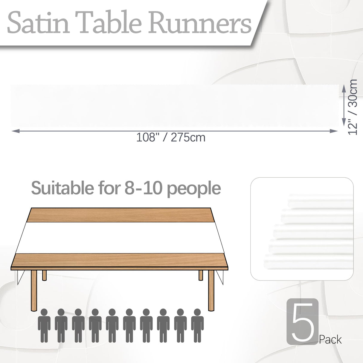 Eychei Set of 5 White Satin Table Runners, 12" x 108" Long Bright & Smooth Table Runner with Scalloped Edges, Satin Table Cloth Table Runner Decor for Wedding, Party, Banquet Eychei