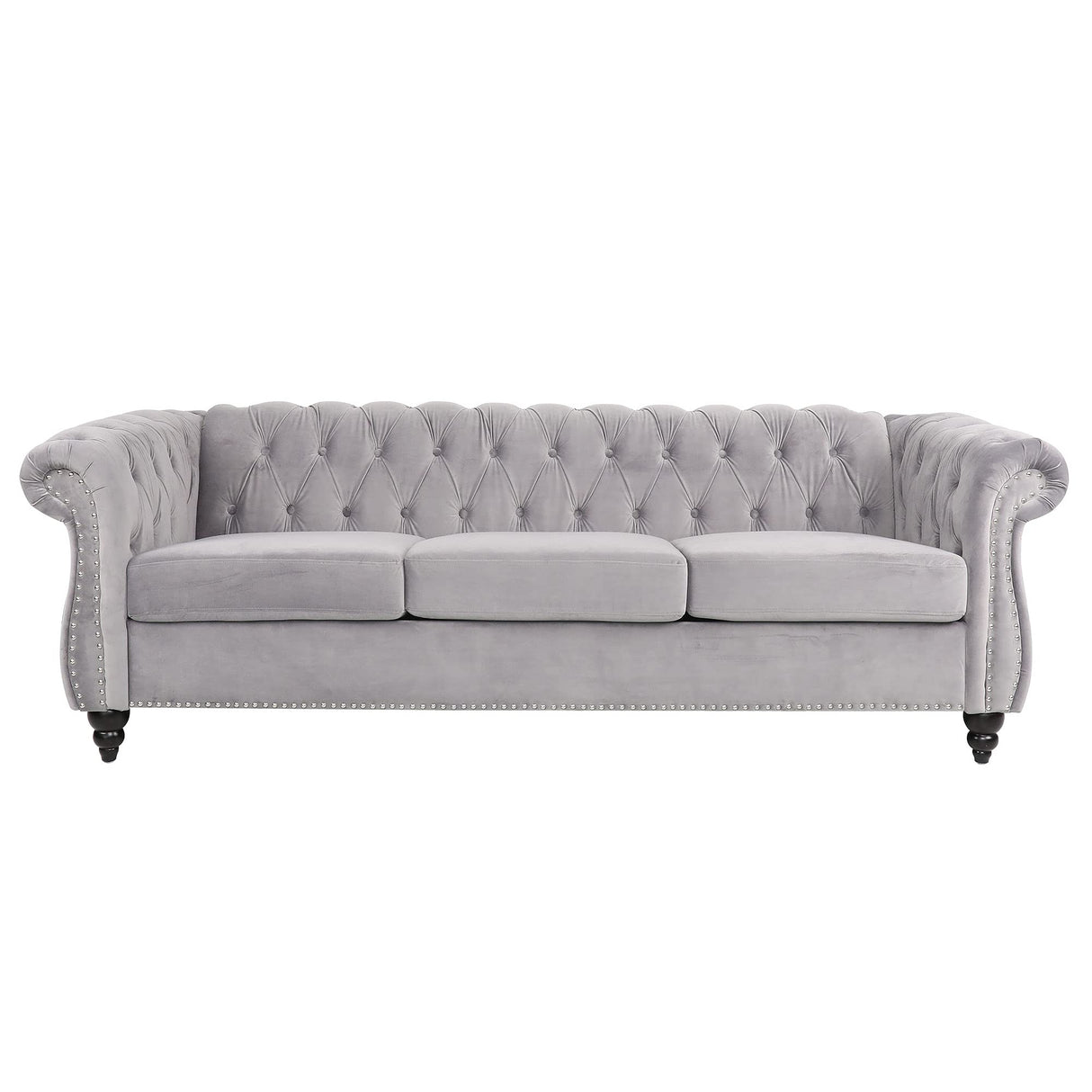 ONCIN Velvet Chesterfield Sofa, 84'' Modern Tufted 3 Seater Couch with Scroll Arms and Wood Legs for Living Room Bedroom (Gray), Grey Velvet, 84 In Chesterfield Sofa ONCIN