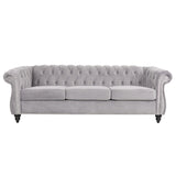 ONCIN Velvet Chesterfield Sofa, 84'' Modern Tufted 3 Seater Couch with Scroll Arms and Wood Legs for Living Room Bedroom (Gray), Grey Velvet, 84 In Chesterfield Sofa ONCIN