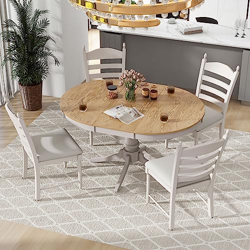 Dinehome 5-Piece Wooden Round Extendable Dining Table and 4 Upholstered Chairs Set for Kitchen Living Room, Retro Style, Off White - WoodArtSupply