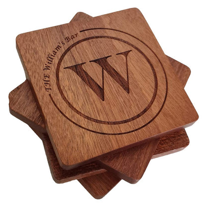 Personalized Coasters, Custom Engraved Wood Coasters for Drinks, Monogram Coasters with Holder, Wedding Gifts, Parents Gifts (W, Set of 4) - WoodArtSupply