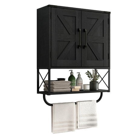 RUSTOWN Farmhouse Medicine Cabinet with 2 Barn Door, Wood Wall Mounted Storage Cabinet with Adjustable Shelf and Towel Bar, 3-Tier Bathroom Cabinet for Bathroom, Living Room(Black, Medium) RUSTOWN