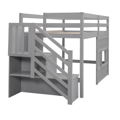 Favfurish Twin Size Grey Loft Bed with Storage Staircase and Playful Window Design - WoodArtSupply