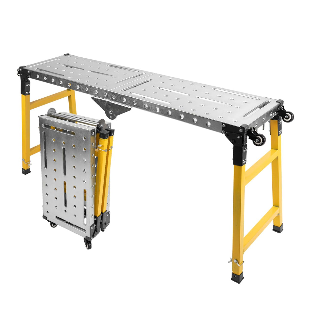 biosp Portable Steel Work Bench, Adjustable Height Welding Table with Folding Legs, Versatile Work Platform with Casters, Carrying Handle, 14 x 56-inch Tabletop, 1100 lbs Load Capacity biosp