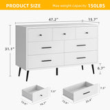 DWVO White 7 Drawer Dresser, 47" W Large Double Dresser Chest of Drawers, Modern Wood Storage Organizer with Black Metal Handles & Anti-Tipping Device for Hallway, Entryway DWVO
