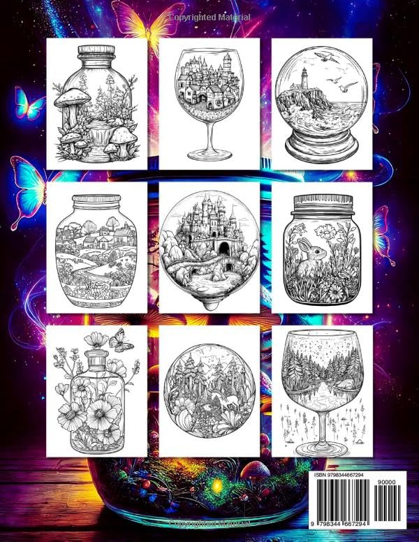 Fantasy in Glass Adult Coloring Book: Whimsical Designs with Enchanted Worlds inside Jars, Snow Globes, Glasses, Crystal Balls, and Much More for Relaxation and Mindfulness