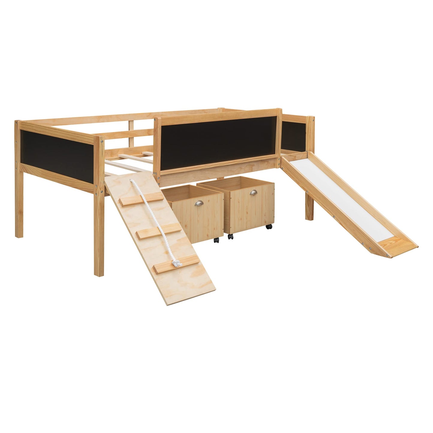 Harper & Bright Designs Low Loft Bed with Slide, Wood Twin Loft Bed for Kids, Loft Bed Twin with 2 Toy Boxes, Chalkboard and Climbing Frame, Junior Loft Bed Frame for Girls Boys (Twin, Natural)