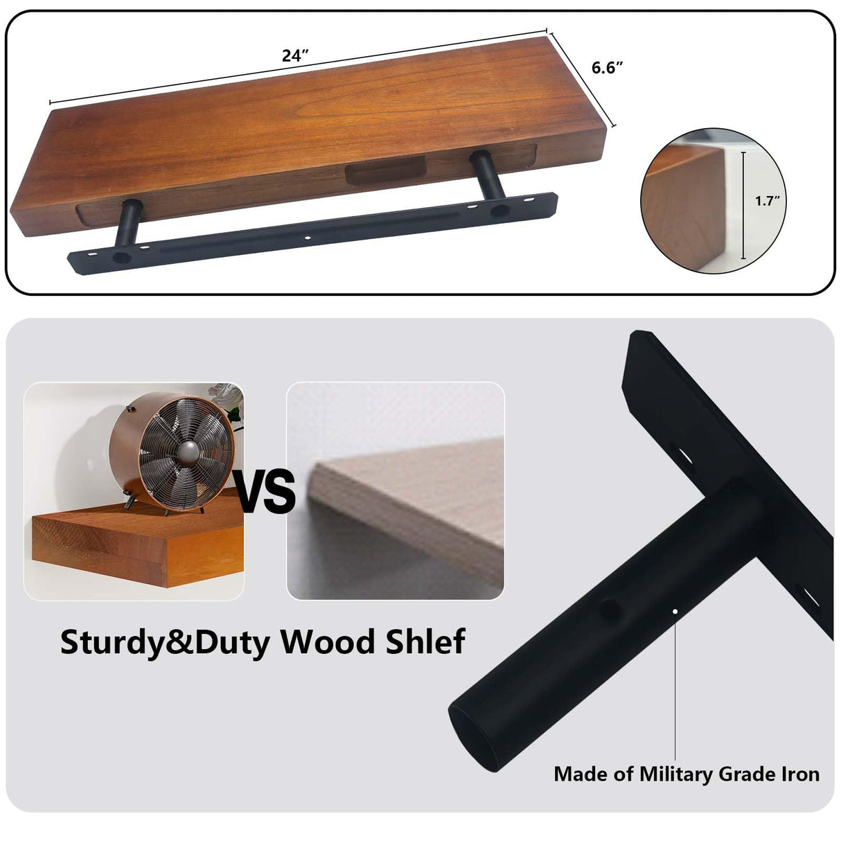 Beneouya 24 Inch Floating Shelves, Bathroom Wooden Shelves for Wall Mounted, Rustic Farmhouse Floating Shelves, Solid Wood Wall Shelves for Storage, Set of 2, Honey Oak Beneouya