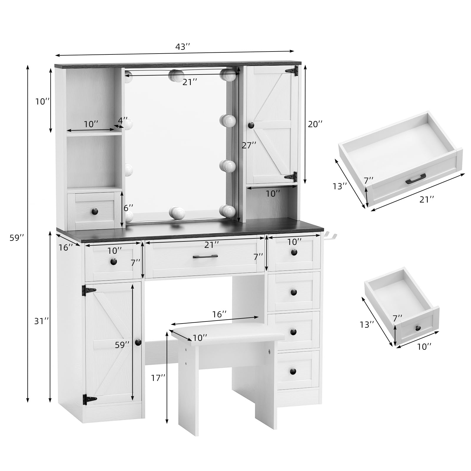 VOWNER Vanity with Lighted Mirror - Farmhouse Makeup Vanity Desk with 7 Drawers, 2 Cabinets and Outlet, 3 Color Lighting Modes Adjustable Brightness, Vanity Table with Stool for Bedroom, Whit - WoodArtSupply