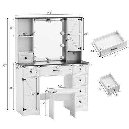 VOWNER Vanity with Lighted Mirror - Farmhouse Makeup Vanity Desk with 7 Drawers, 2 Cabinets and Outlet, 3 Color Lighting Modes Adjustable Brightness, Vanity Table with Stool for Bedroom, Whit - WoodArtSupply