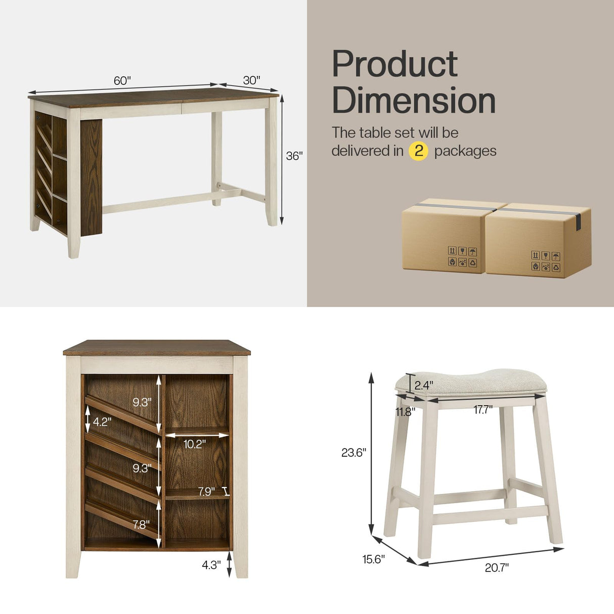 AMERLIFE 5-Piece Solid Wood Counter Height Kitchen Island Table Set with Storage, Farmhouse Dining Table & Upholstered Stools, Rustic Brown & White AMERLIFE