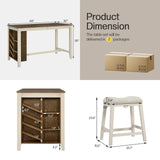 AMERLIFE 5-Piece Solid Wood Counter Height Kitchen Island Table Set with Storage, Farmhouse Dining Table & Upholstered Stools, Rustic Brown & White AMERLIFE