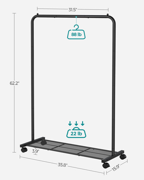 SONGMICS Clothes Rack with Wheels, Clothing Rack for Hanging Clothes, 25.4 mm Metal Garment Rack with Dense Mesh Storage Shelf, 110 lb Load Capacity, 2 Brakes, Black UHSR25BK SONGMICS