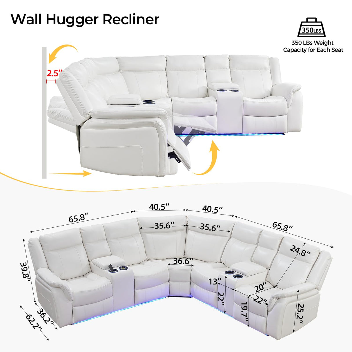 Power Recliner Sectional Sofa Couches with LED Lights for Living Room, Faux Leather Wall Hugger Reclining Corner Couch Sets with 2 Home Theater Seat, USB Charger, Cup Holder, Storage Console, White Comfort Stretch