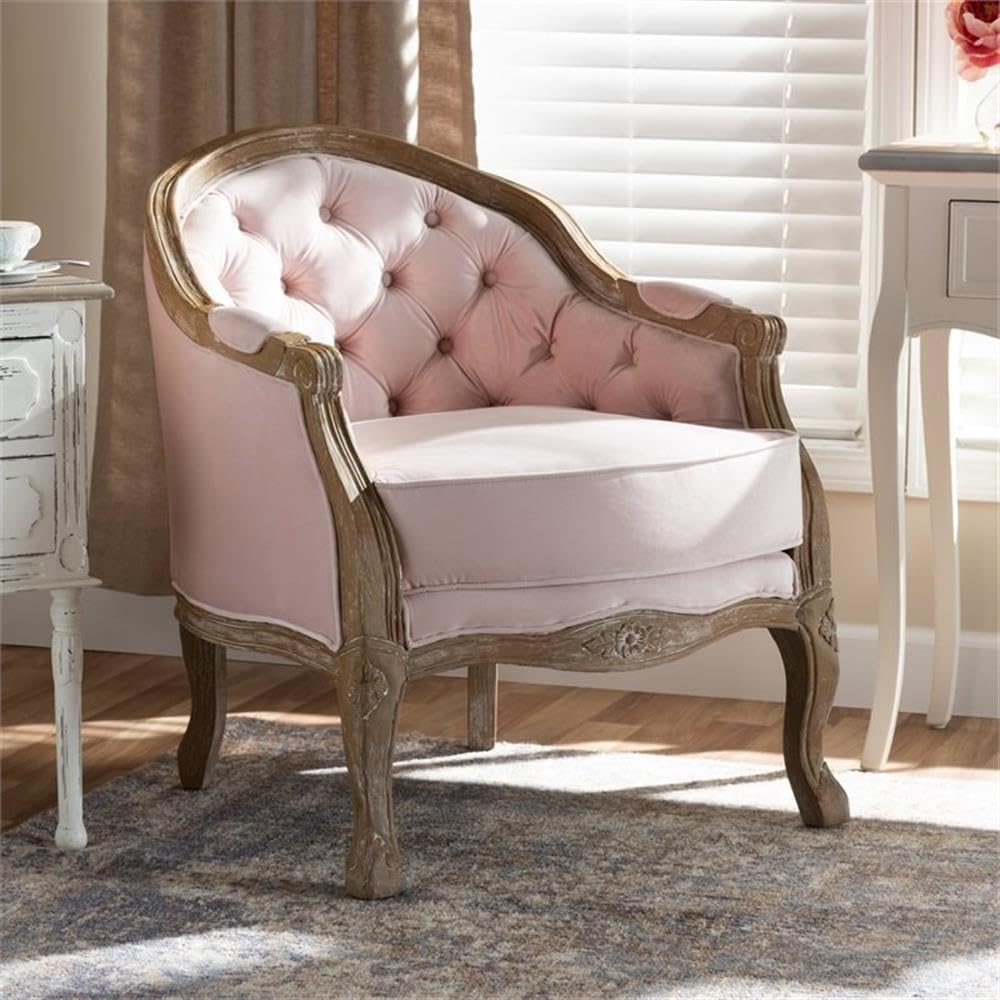 Baxton Studio Genevieve Traditional French Provincial Light Pink Velvet Upholstered White-Washed Oak Wood Armchair Baxton Studio