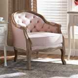 Baxton Studio Genevieve Traditional French Provincial Light Pink Velvet Upholstered White-Washed Oak Wood Armchair Baxton Studio