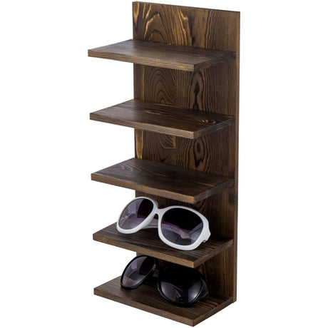 MyGift 5 Tier Rustic Burnt Solid Wood Sunglasses Holder Rack, Wall Mounted Eye Glasses Shelf or Tabletop Display Stand, Retail Eyewear Showcase Storage Organizer MyGift