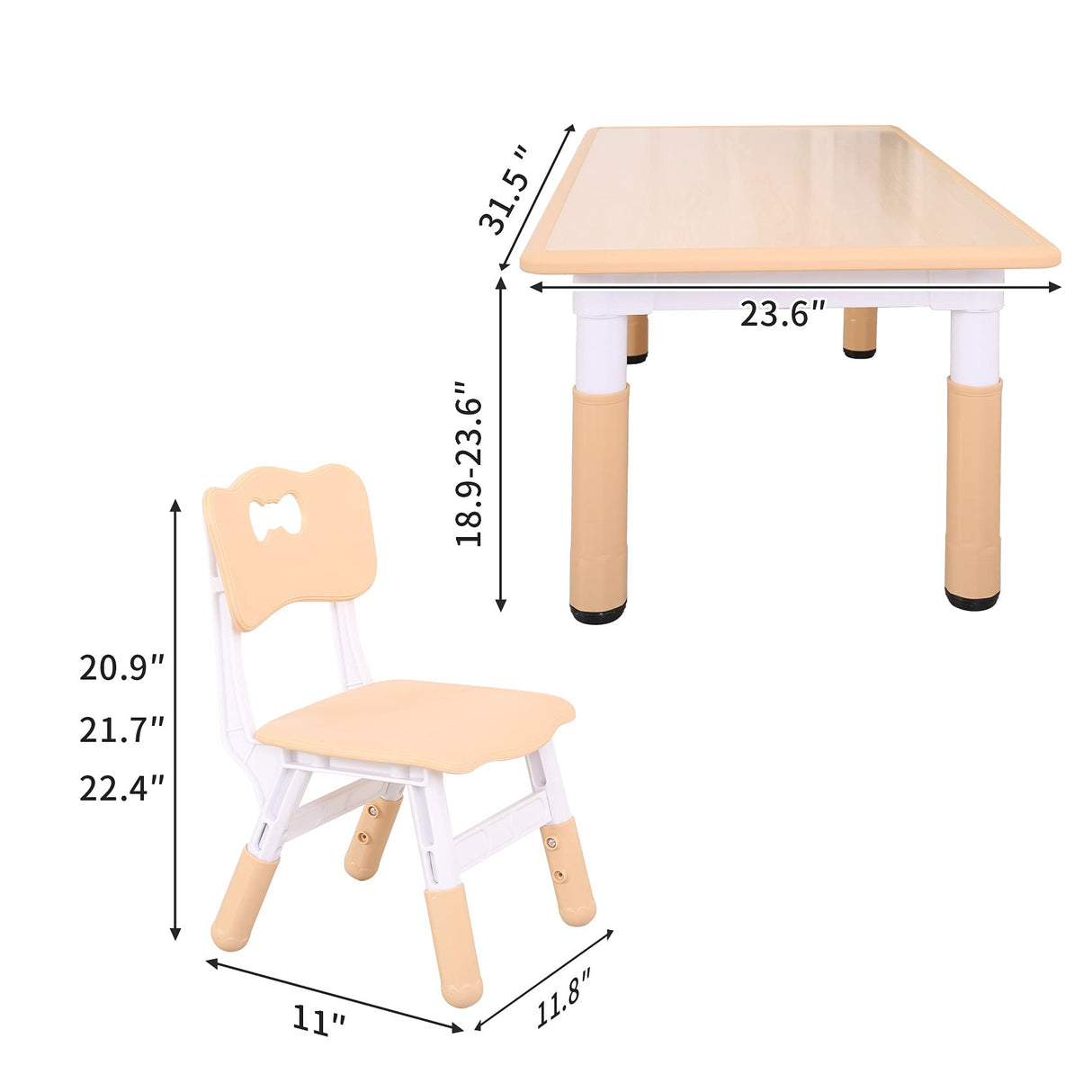 UNICOO - Kids Study Table and Chairs Set, Height Adjustable Plastic Children Art Desk with 2 Seats, Multi Activity Table Set (Maple TOP with Natural UNICOO