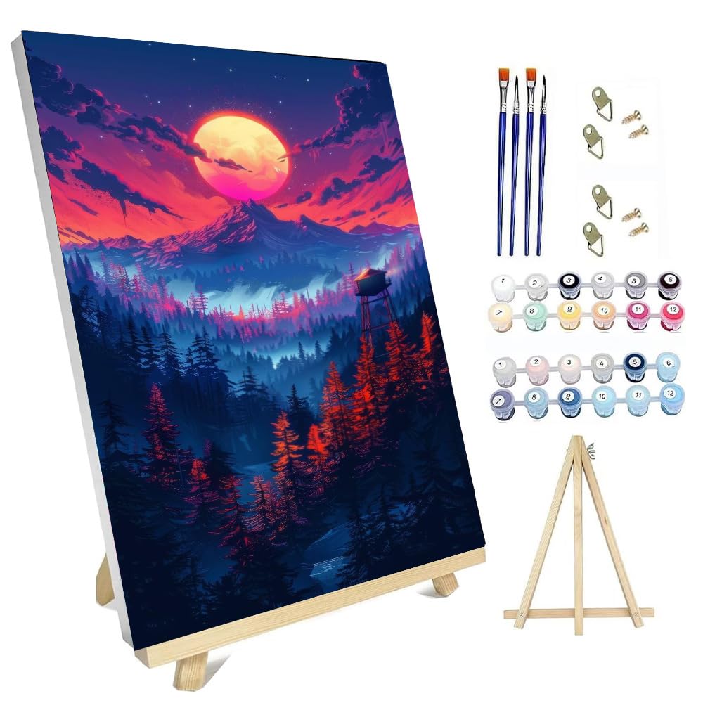 hyzsj Paint by Number for Adults Framed Canvas, DIY Moon Mountain Arts and Crafts for Adults Beginner with Wooden Easel, Paint Brushes, Acrylic Paint Set for Home Wall Decor（11.8x15.7inch hyzsj