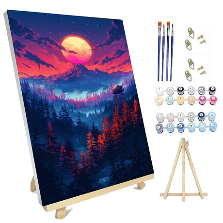 hyzsj Paint by Number for Adults Framed Canvas, DIY Moon Mountain Arts and Crafts for Adults Beginner with Wooden Easel, Paint Brushes, Acrylic Paint Set for Home Wall Decor（11.8x15.7inch hyzsj