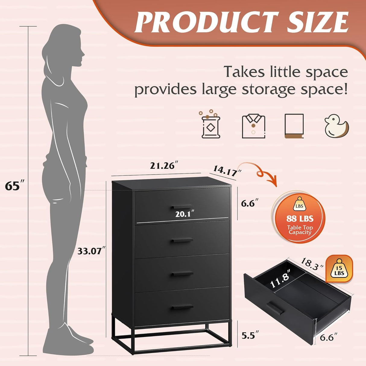WLIVE Black Dresser for Bedroom with 4 Drawers, Tall Dresser with Sturdy Metal Frame, Wood Chest of Drawers for Closet, Living Room, Hallway WLIVE