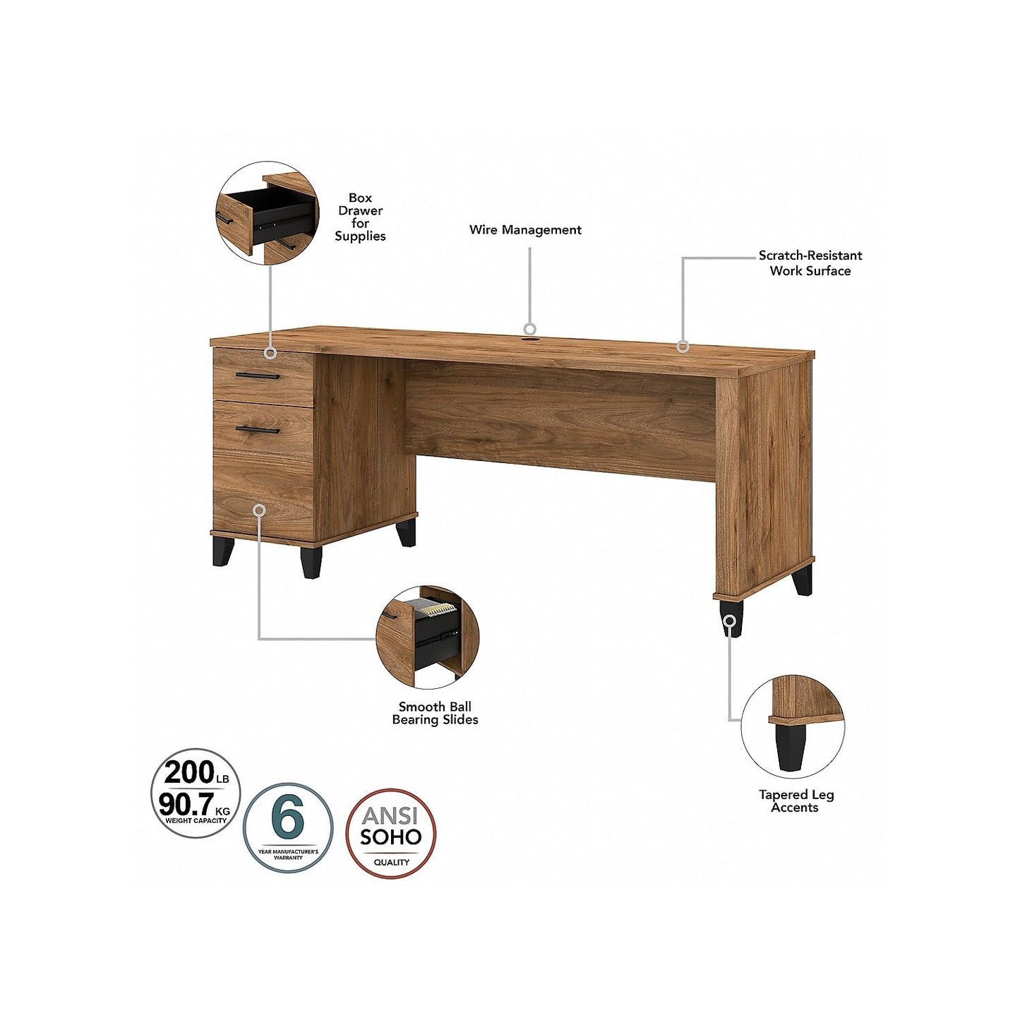 Bush Business Furniture Somerset Office Desk with Drawers and Hutch, 72W, Fresh Walnut - WoodArtSupply