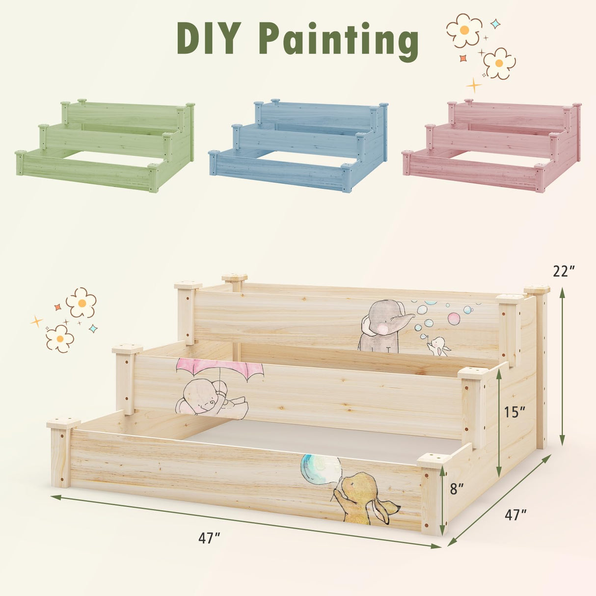 Toolsempire 3-Tier Raised Garden Beds Outdoor, Fir Wood Raised Garden Bed Planter Box, Flower Bed Wooden Planter Kit for Gardening, Vegetable & Herb Toolsempire