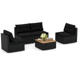 RELAX4LIFE 5-Piece Wicker Outdoor Furniture - PE Rattan Sectional Conversation Set w/4 Armless Sofas & Acacia Wood Coffee Table, Cushioned Patio Sofa Set for Garden Poolside Backyard Porch (Black) RELAX4LIFE