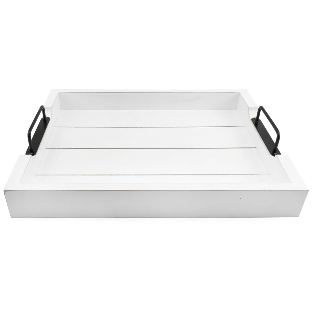AuldHome Rustic Wood Serving Tray (White); Wooden Farmhouse Shiplap Decorative Ottoman Tray with Black Metal Handles, 16.75 x 12.75 Inches AuldHome Design