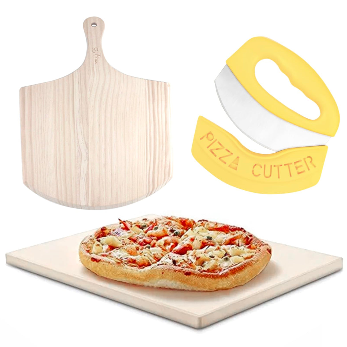 PIZZA STONE 15 x 12'' Rectangular Pizza Stone For Oven Baking & BBQ With Wooden Peel GylSun