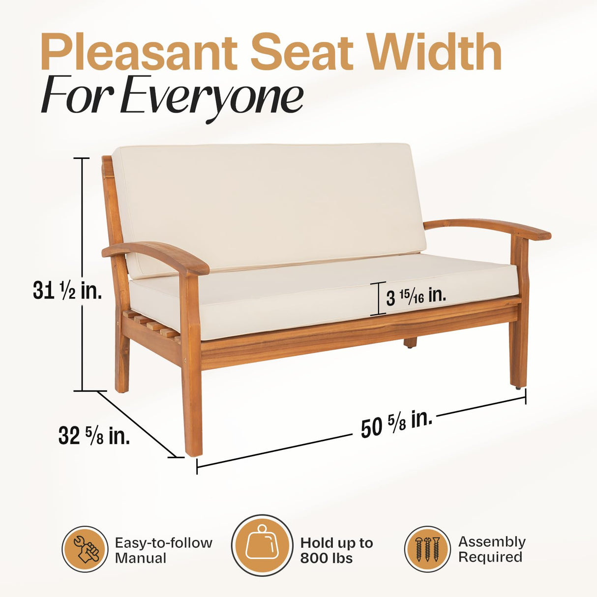 IDZO Laurent 800lbs Capacity Acacia Outdoor Loveseat, FSC Certified 2 Seater Patio Sofa with 3.9in Thick Cushions, Teak Finish Porch Couch for Garden Backyard IDZO