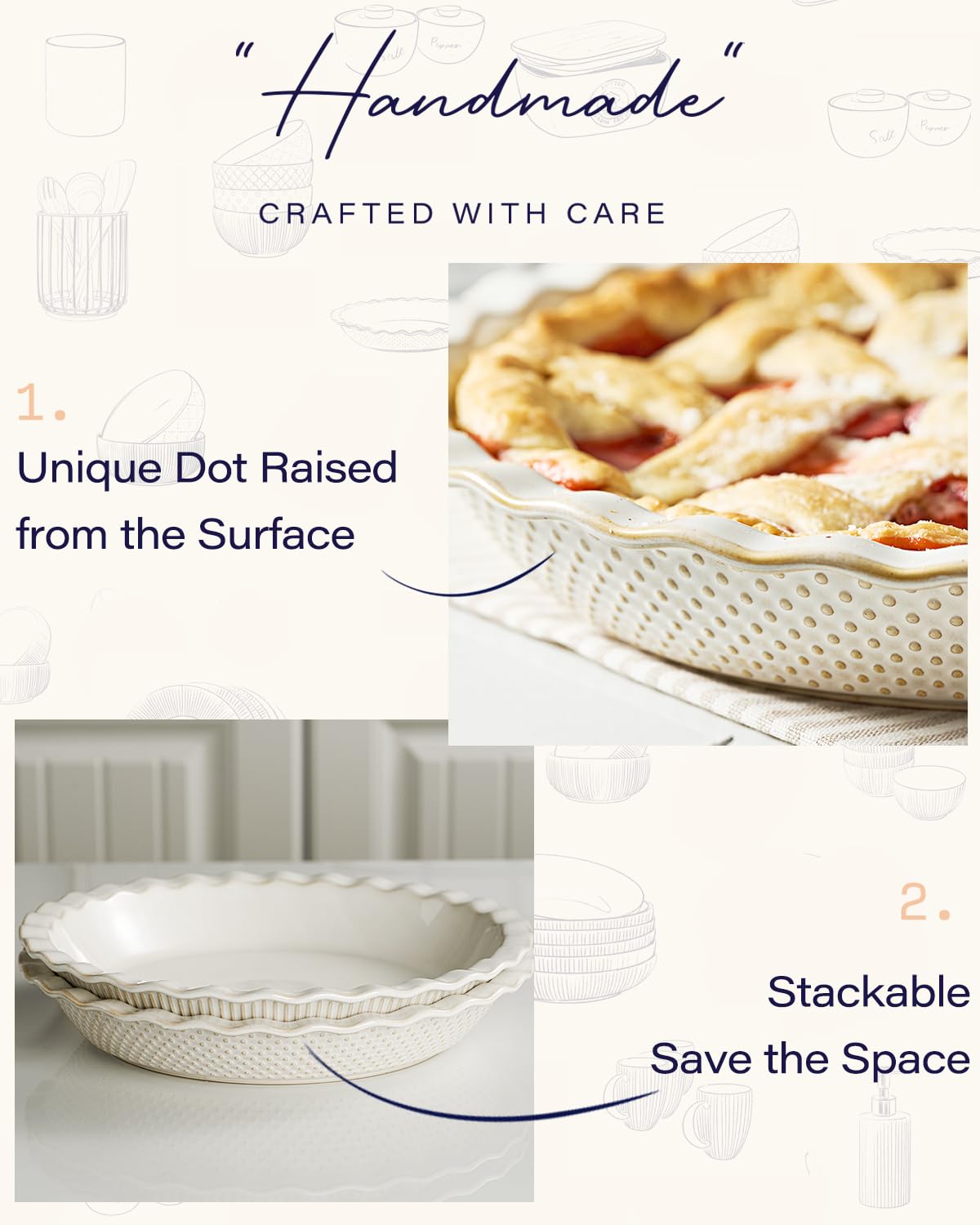 getstar Ceramic Pie Pan Set of 2, 9 inch Pie Dish for Baking, Non-Stick, Oven & Dishwasher Safe, Farmhouse Decor Quiche Baking Dish, Pie Plate, Deep Dish Pie Pan (Embossed Stripes+Dots) getstar