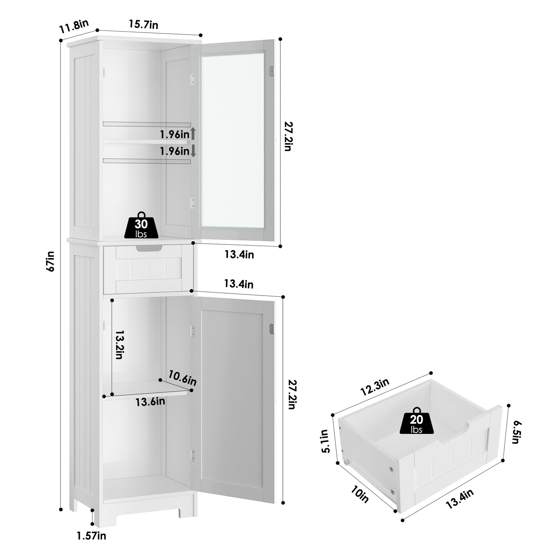 HORSTORS Bathroom Cabinet, Storage Cabinet with 2 Doors & 1 Drawer, Floor Freestanding Cabinet with Adjustable Shelves, Narrow Tall Cabinet for Bathroom, Living Room, Home Office, White - WoodArtSupply