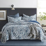 Autumn Dream Cotton Bedspread Quilt Sets, 3 Pieces Reversible Comforter Coverlet Sets,Blue Floral Paisley Bedspread,King Size Autumn Dream