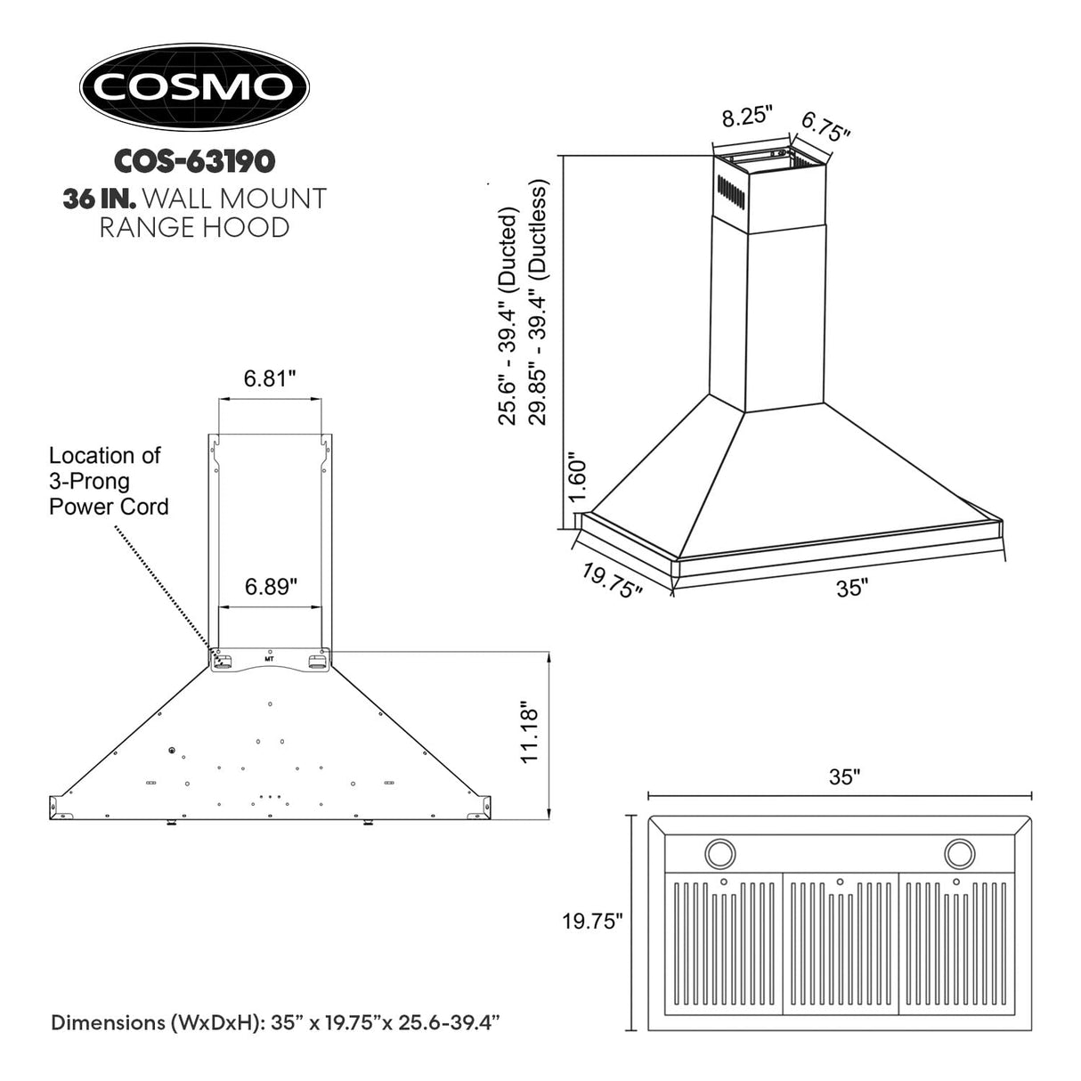 COSMO COS-63190 36 in. Vista Collection 380 CFM Ducted Wall Mount Range Hood, Button Controls, LED Lights, Stainless Steel COSMO