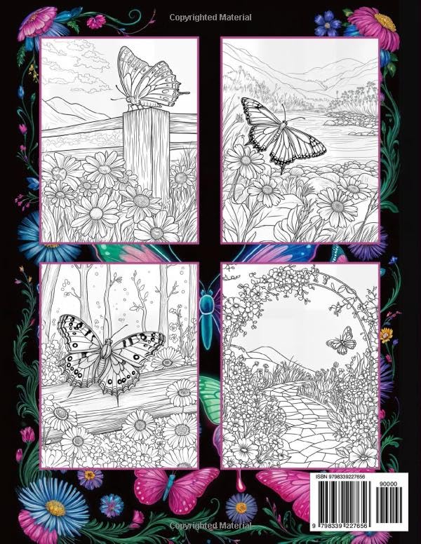 Butterflies and Wildflowers: Large Print Adult Coloring Book with 50 Designs for Relaxation and Stress Relief Majosta