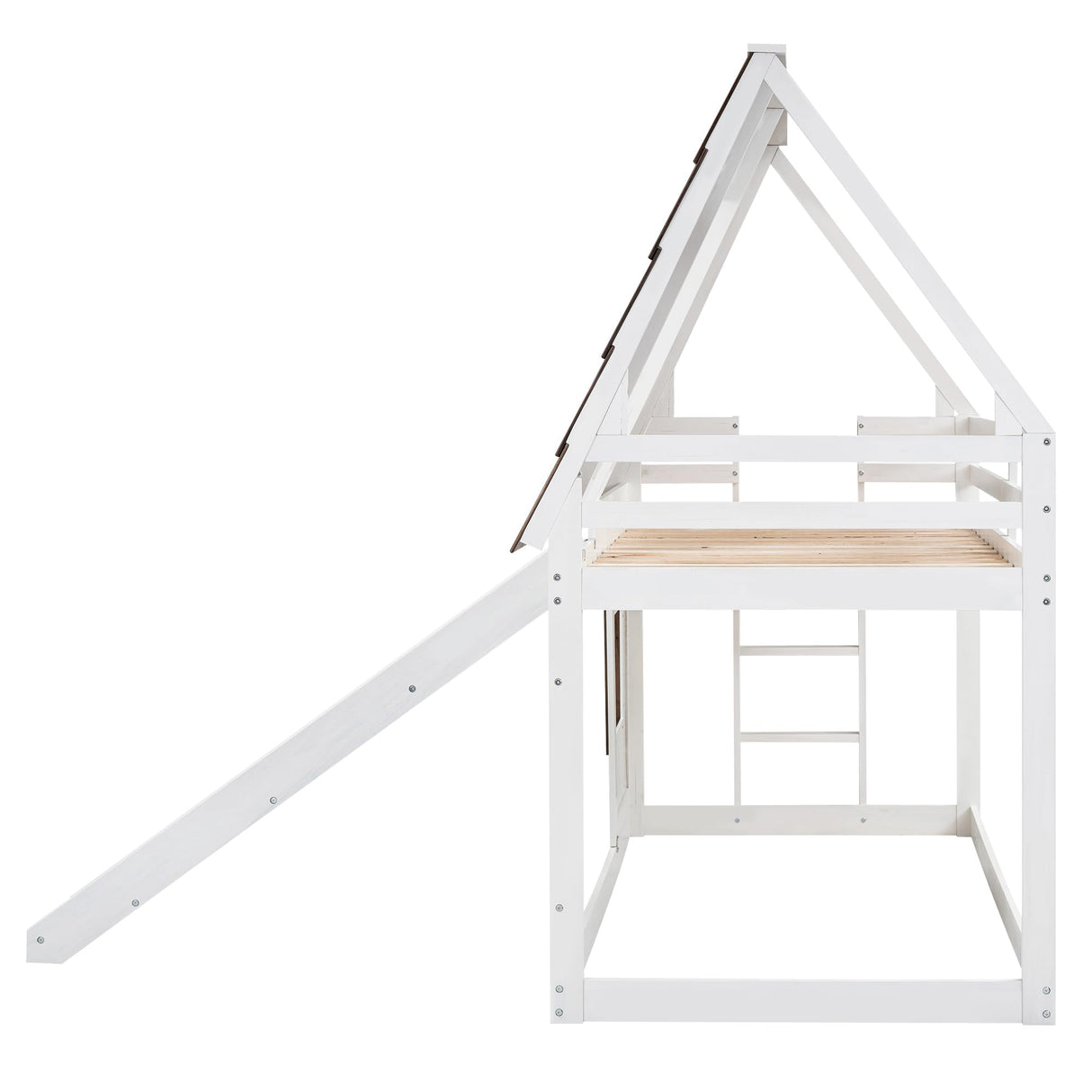 Merax Twin Over Twin House Bunk Bed Frame with Roof,Window,Ladder and Slide for Boys Girls, White & Brown Merax