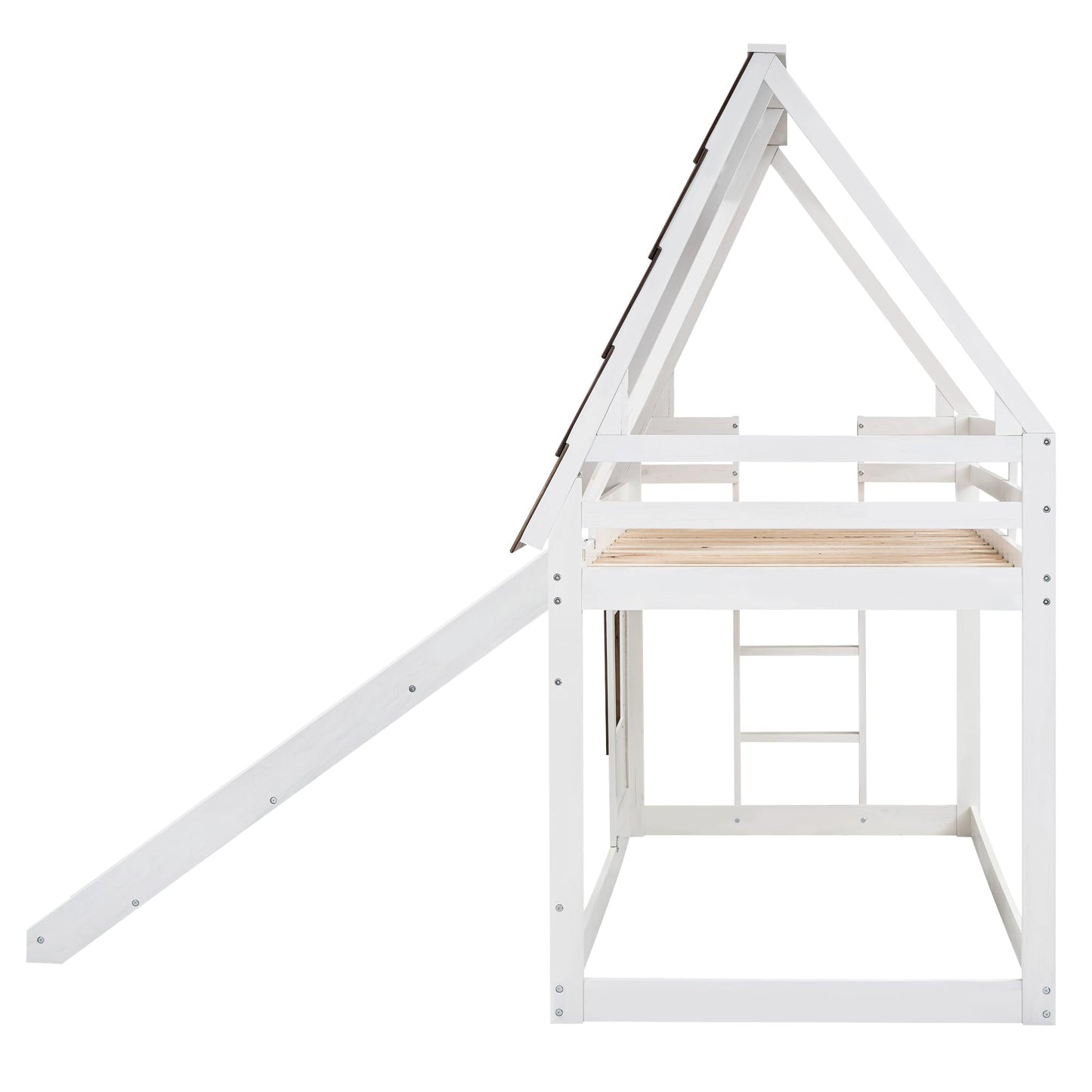 Merax Twin Over Twin House Bunk Bed Frame with Roof,Window,Ladder and Slide for Boys Girls, White & Brown