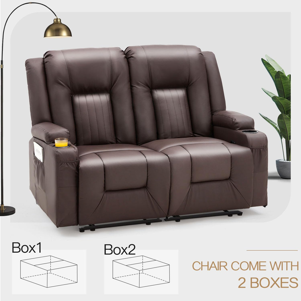 YODOLLA Loveseat Recliner with Cup Holders&Side Pockets, Home Theater Seating Manual RV Reclining Couch Sofa Double Recliner, Brown YODOLLA