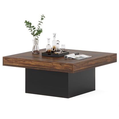 LITTLE TREE Square Coffee Table with LED Lights, Farmhouse Coffee Table Low Coffee Table Engineered Wood Coffee Table for Living Room, Black Rustic Brown - WoodArtSupply