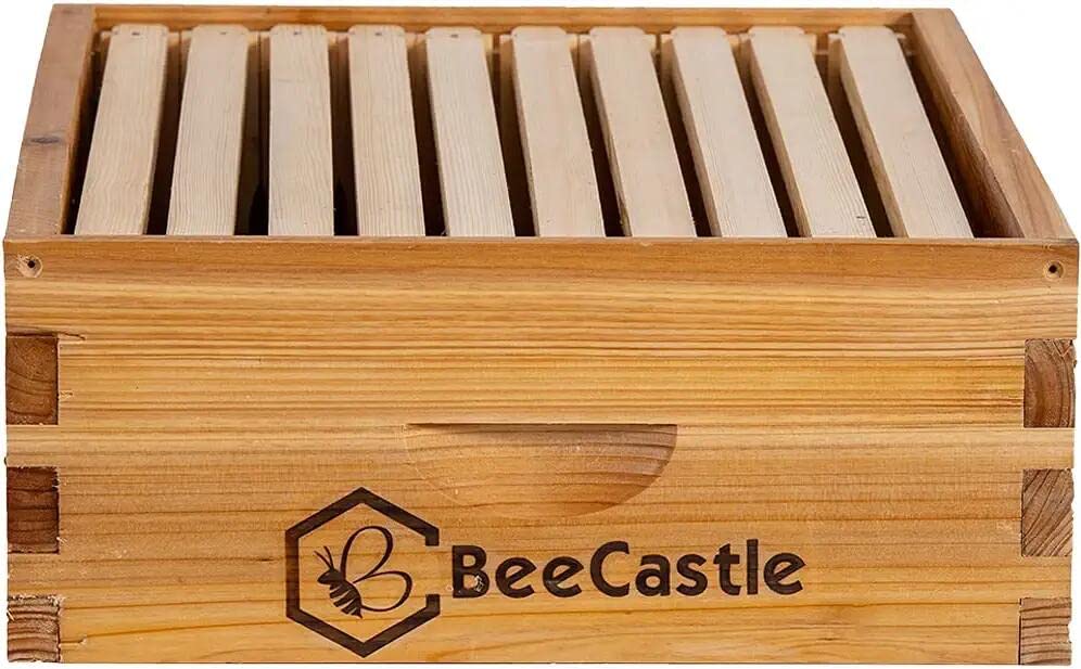 BeeCastle 10 Frame Assembled Medium Honey Super Bee Hive Box with Beehive Frames ＆ Beeswax Coated Foundation Sheets BeeCastle